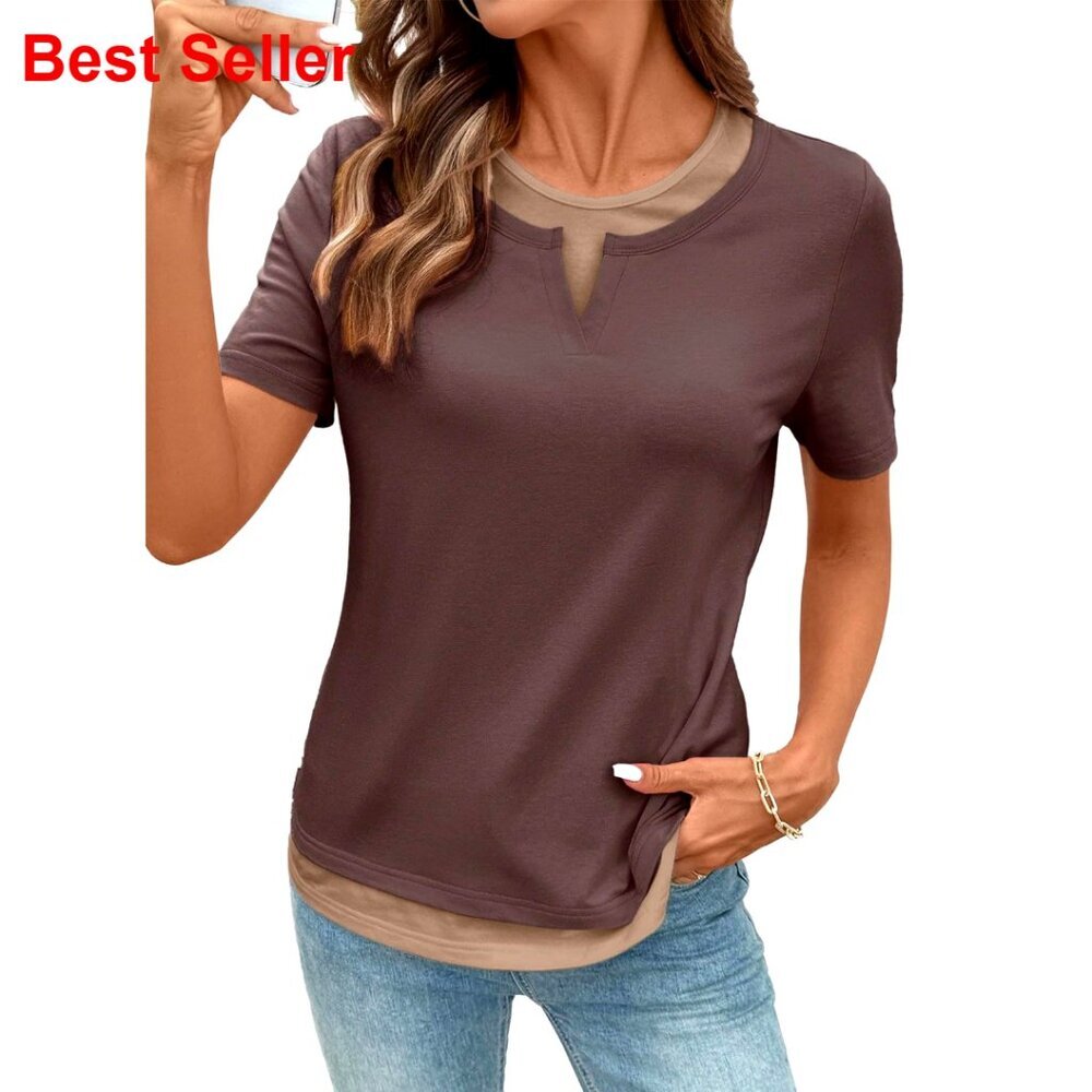 Women's Short Sleeve Crewneck T-Shirt Double Layer Mock Neck Casual Top